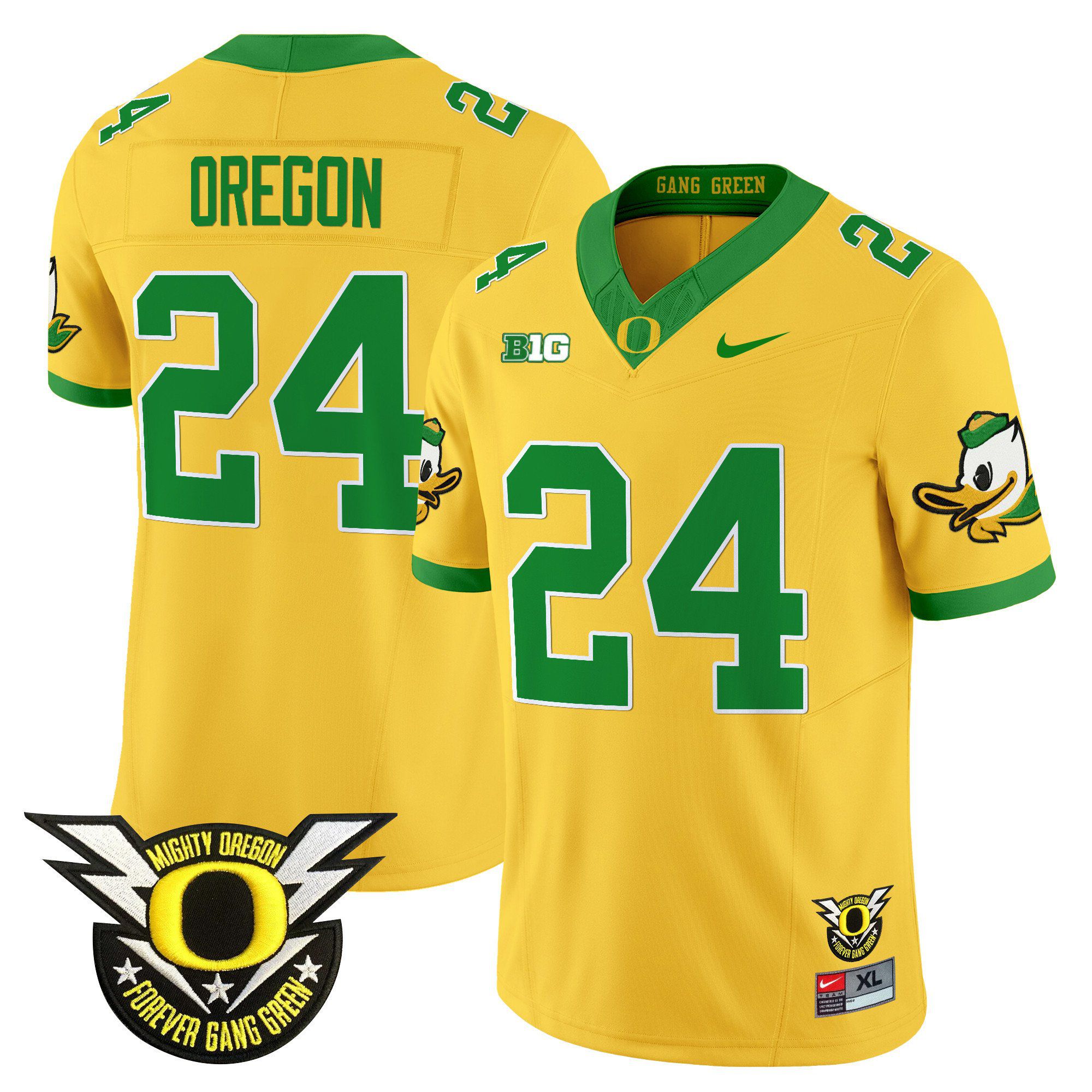 Men Oregon Ducks #24 Oregon Yellow 2024 Nike Forever Gang Green & BIG Patch Vapor Limited NCAA Jersey